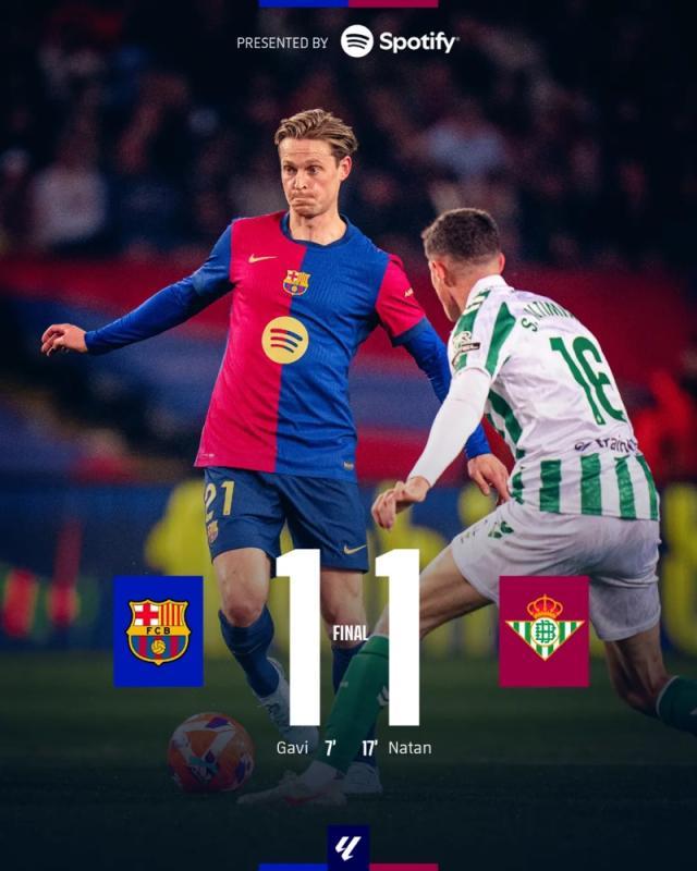 开云体育下载-【西甲】加维闪击，巴萨1-1贝蒂斯，领先皇马4分